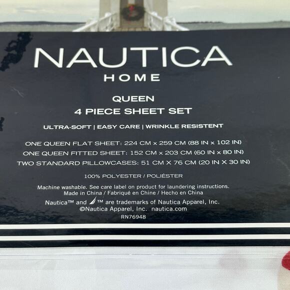 Christmas Holiday Nautica Queen Sheet Set Red White Life Preserver Wreath NEW - Picture 3 of 9